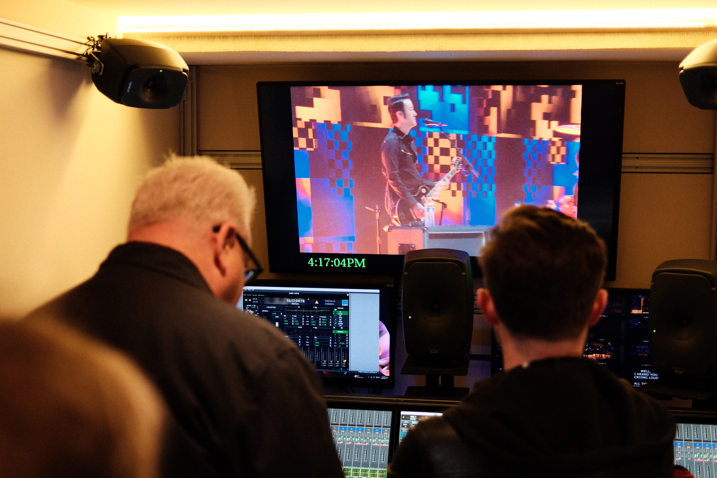FireAid 2025 — RPG broadcast audio engineers at the Lawo mc²96 in the Gemini truck, broadcast monitor showing a Kia Forum performer at 4:17 PM